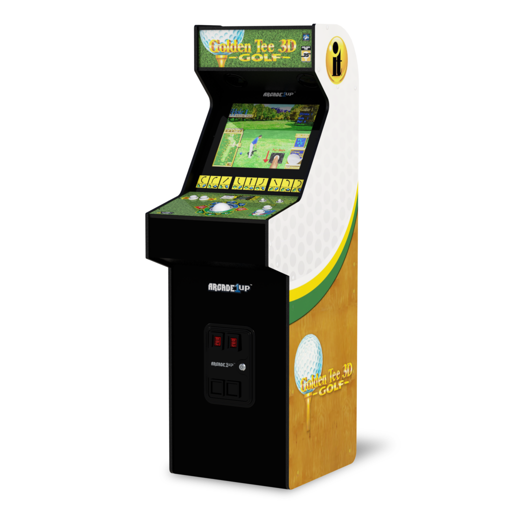 A full-size arcade cabinet in a home game room